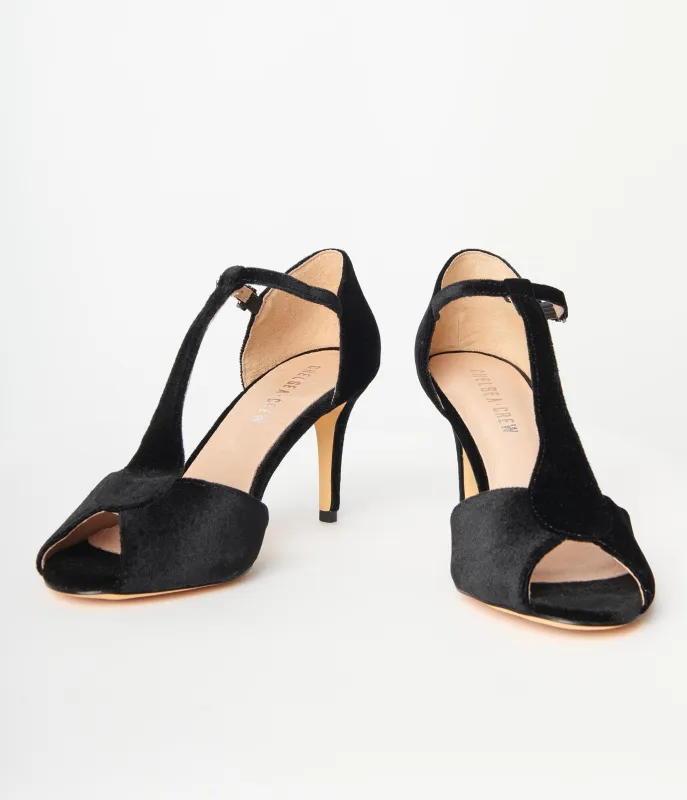Chelsea Crew 1920s Black Velvet Peep Toe T-Strap Blondie Pump sold by Unique Vintage
