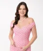 Unique Vintage 1960s Pink & White Gingham Off The Shoulder Violet Top sold by Unique Vintage