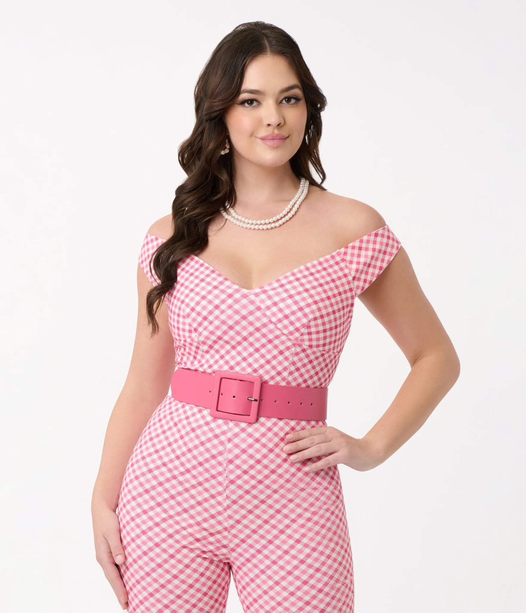 Unique Vintage 1960s Pink & White Gingham Off The Shoulder Violet Top sold by Unique Vintage