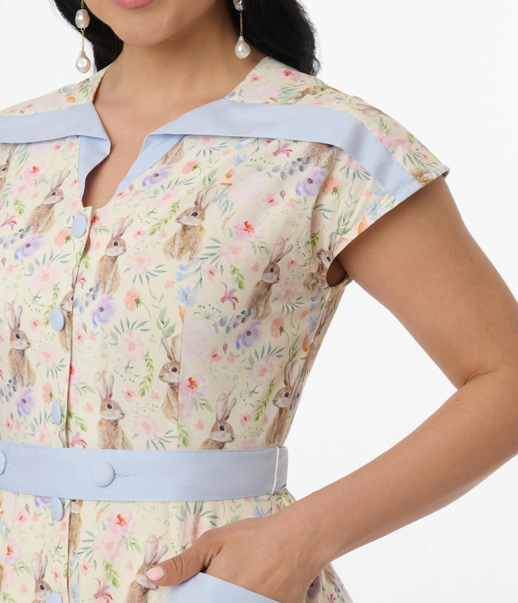 Unique Vintage 1950s Cream & Light Blue Bunny Rabbit Print Hedda Swing Dress sold by Unique Vintage product image thumbnail 2