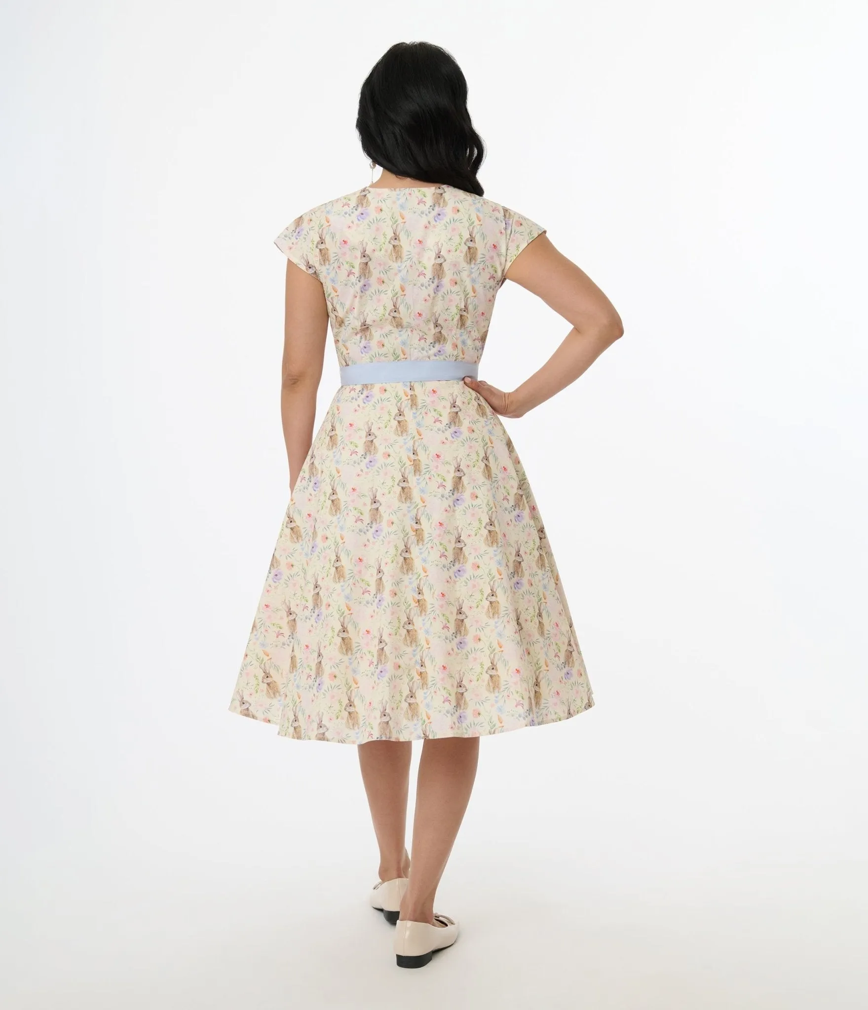 Unique Vintage 1950s Cream & Light Blue Bunny Rabbit Print Hedda Swing Dress sold by Unique Vintage product image thumbnail 3