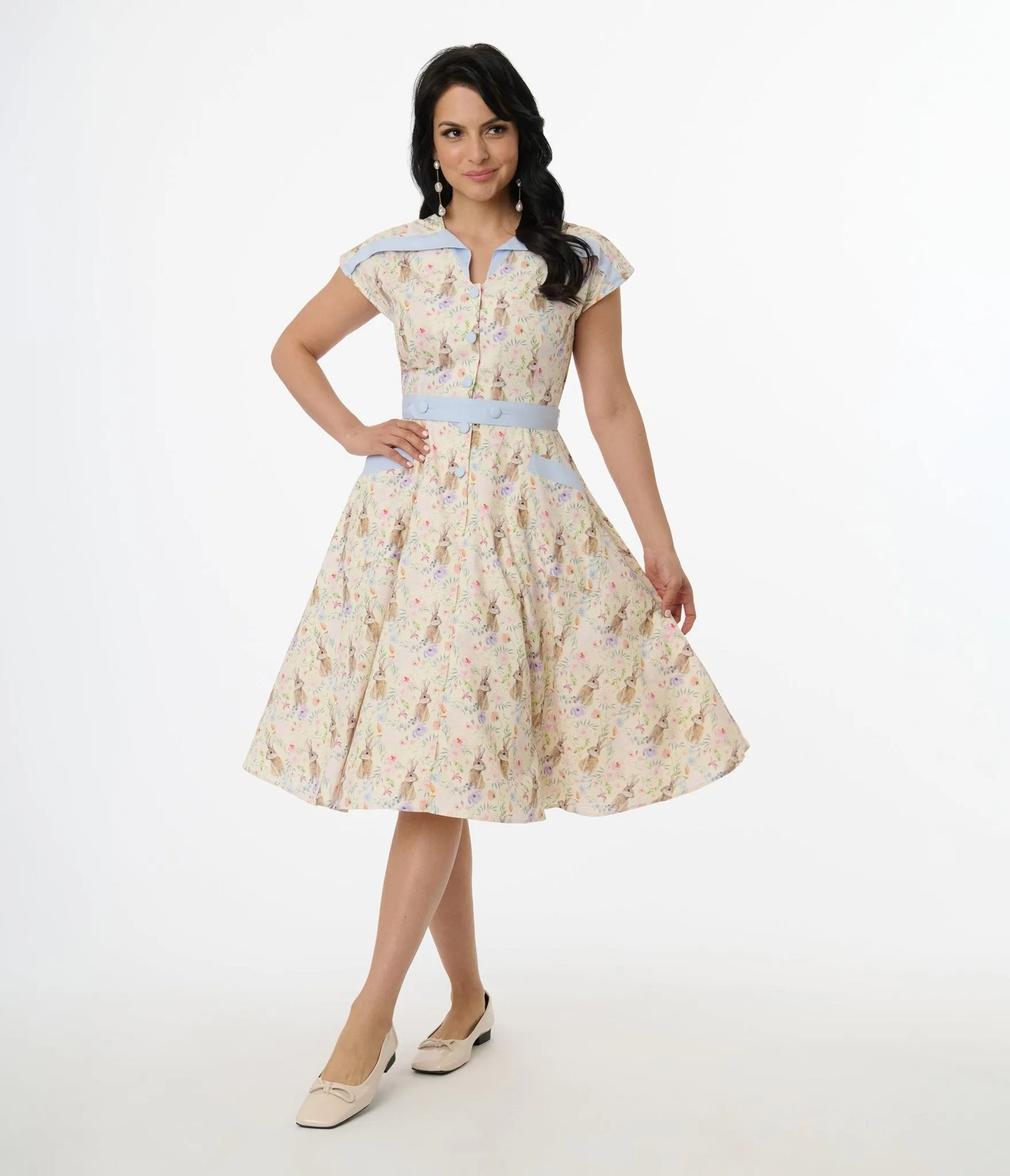 Unique Vintage 1950s Cream & Light Blue Bunny Rabbit Print Hedda Swing Dress sold by Unique Vintage