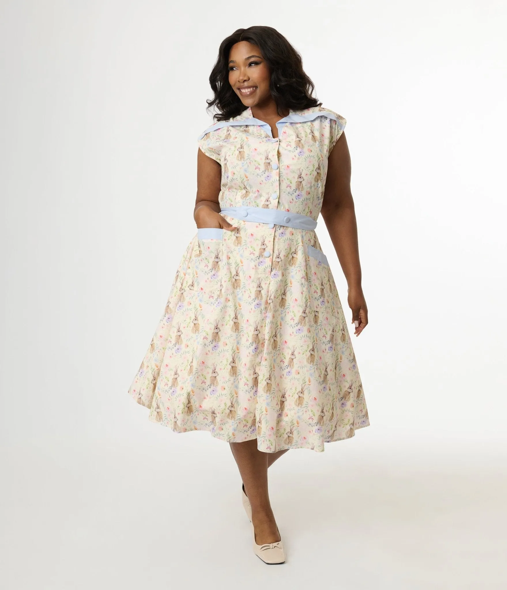 Unique Vintage Plus Size 1950s Cream & Light Blue Bunny Rabbit Print Hedda Swing Dress sold by Unique Vintage product image thumbnail 4