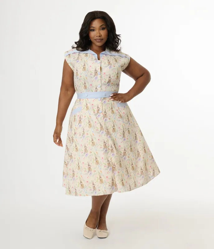 Unique Vintage Plus Size 1950s Cream & Light Blue Bunny Rabbit Print Hedda Swing Dress sold by Unique Vintage