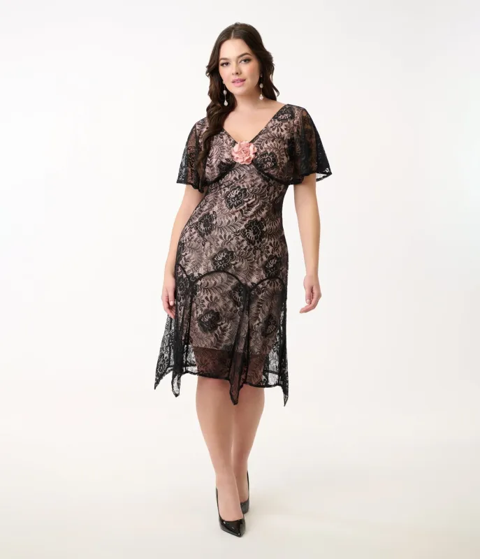 Unique Vintage 1920s Black Lace & Peach Lining Flutter Sleeve Flapper Dress sold by Unique Vintage