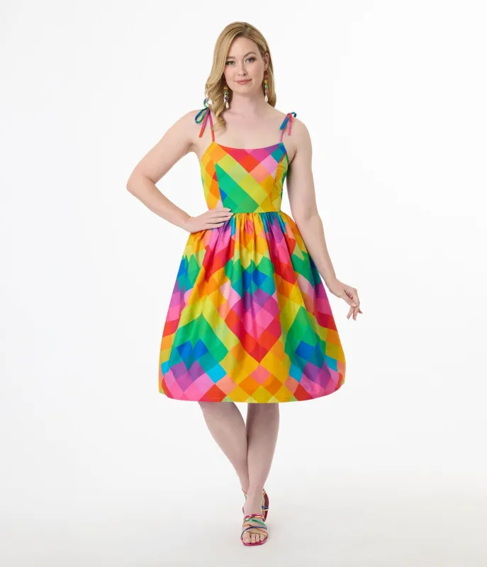 Unique Vintage 1950s Rainbow Chevron Cotton Bobbie Swing Dress sold by Unique Vintage