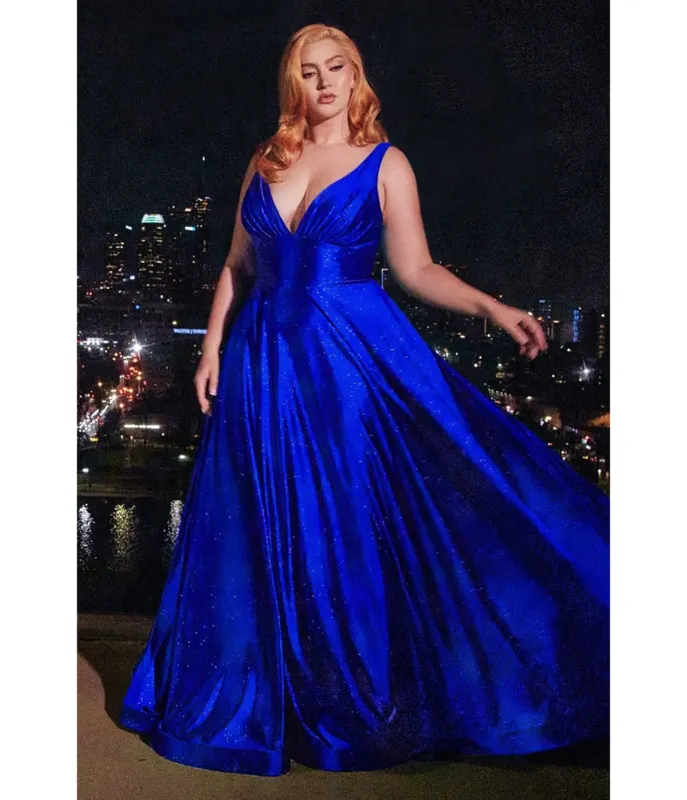 Ladivine by Cinderella Divine Plus Size Royal Blue Glitter Satin Sleeveless A-Line Prom Dress sold by Unique Vintage