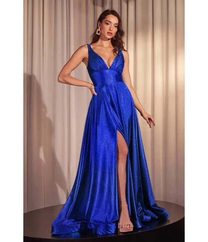 Ladivine by Cinderella Divine Royal Blue Glitter Satin Sleeveless A-Line Prom Dress sold by Unique Vintage