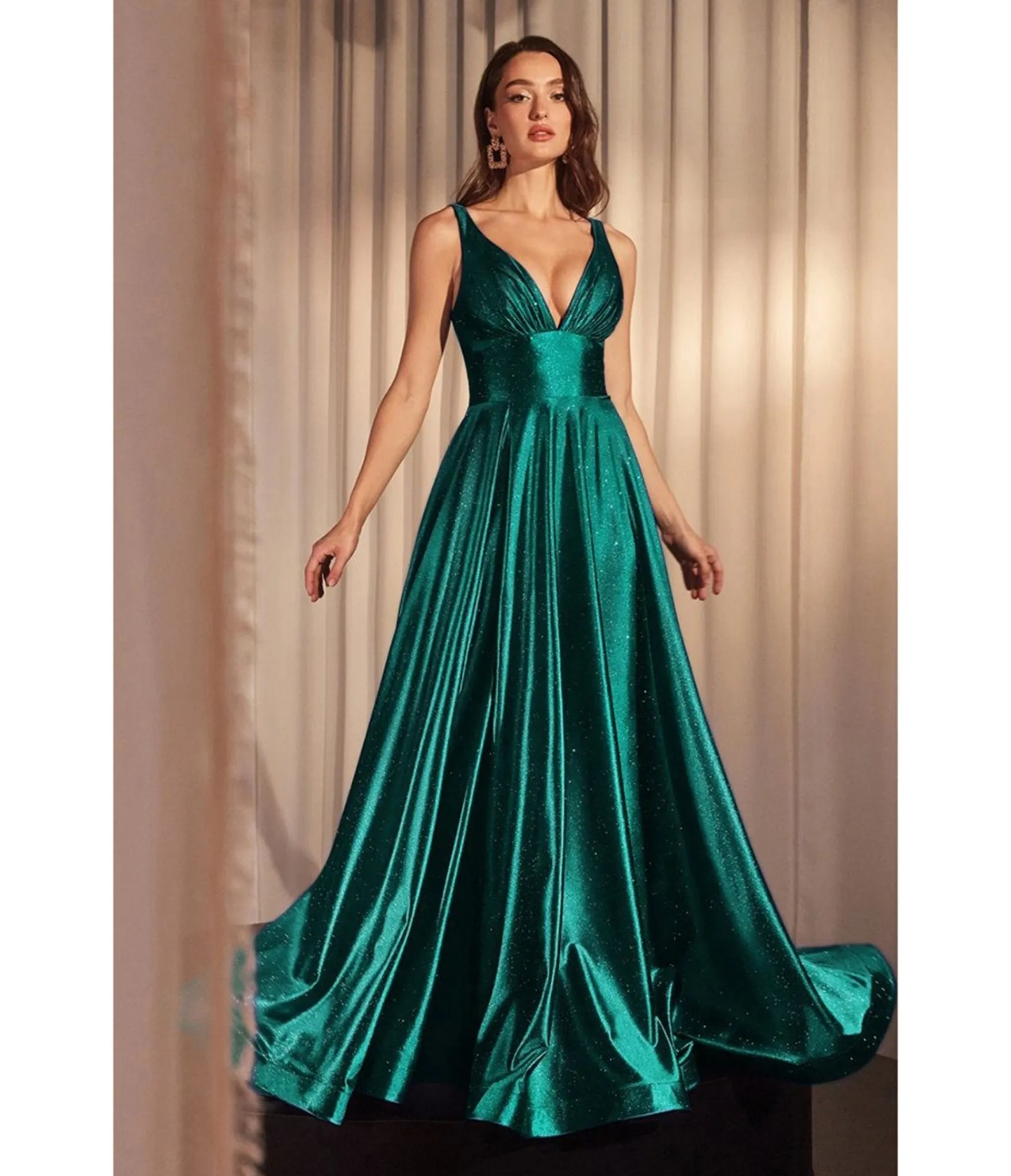 Ladivine by Cinderella Divine Emerald Glitter Satin Sleeveless A-Line Prom Dress sold by Unique Vintage