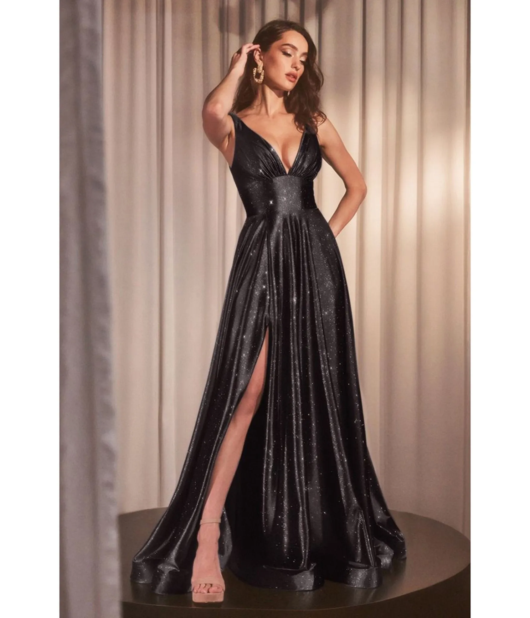 Ladivine by Cinderella Divine Black Glitter Satin Sleeveless A-Line Prom Dress sold by Unique Vintage