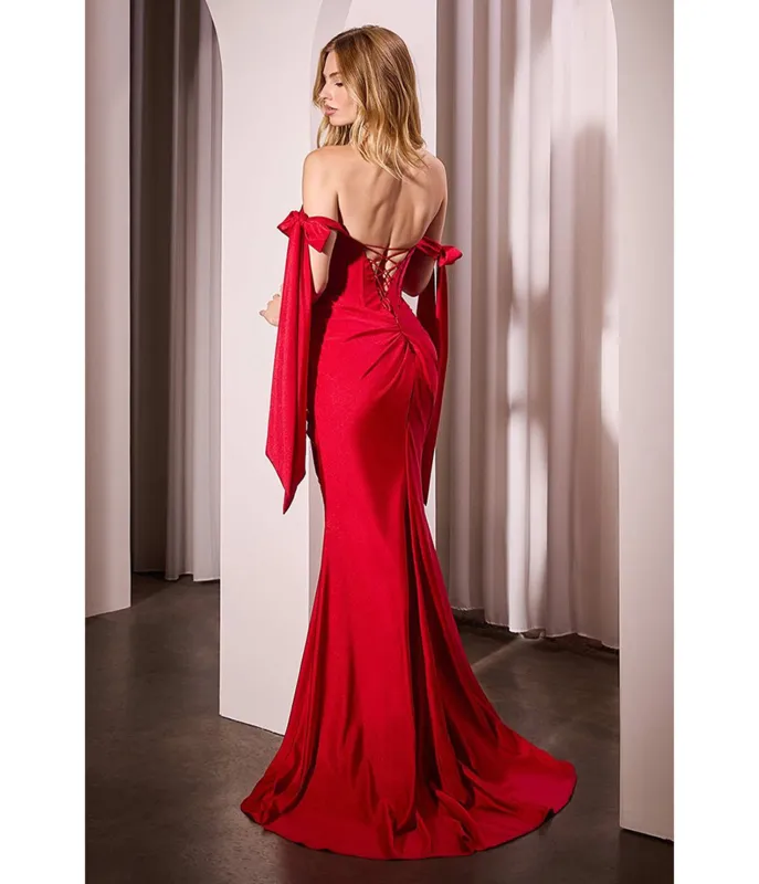 Ladivine by Cinderella Divine Satin Red Off Shoulder Slit Prom Dress sold by Unique Vintage
