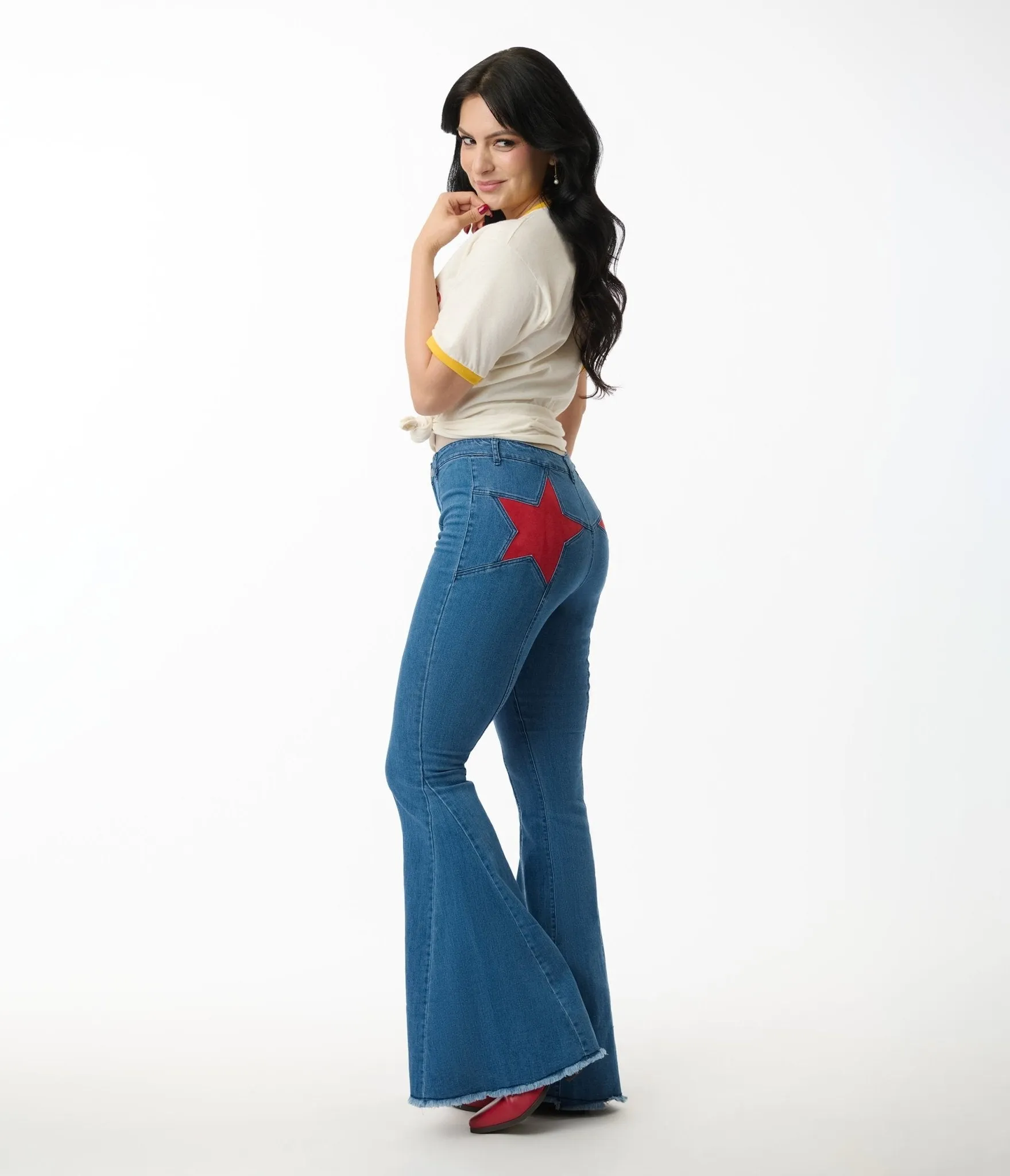 Denim & Red Suede Stars Flare Jeans sold by Unique Vintage