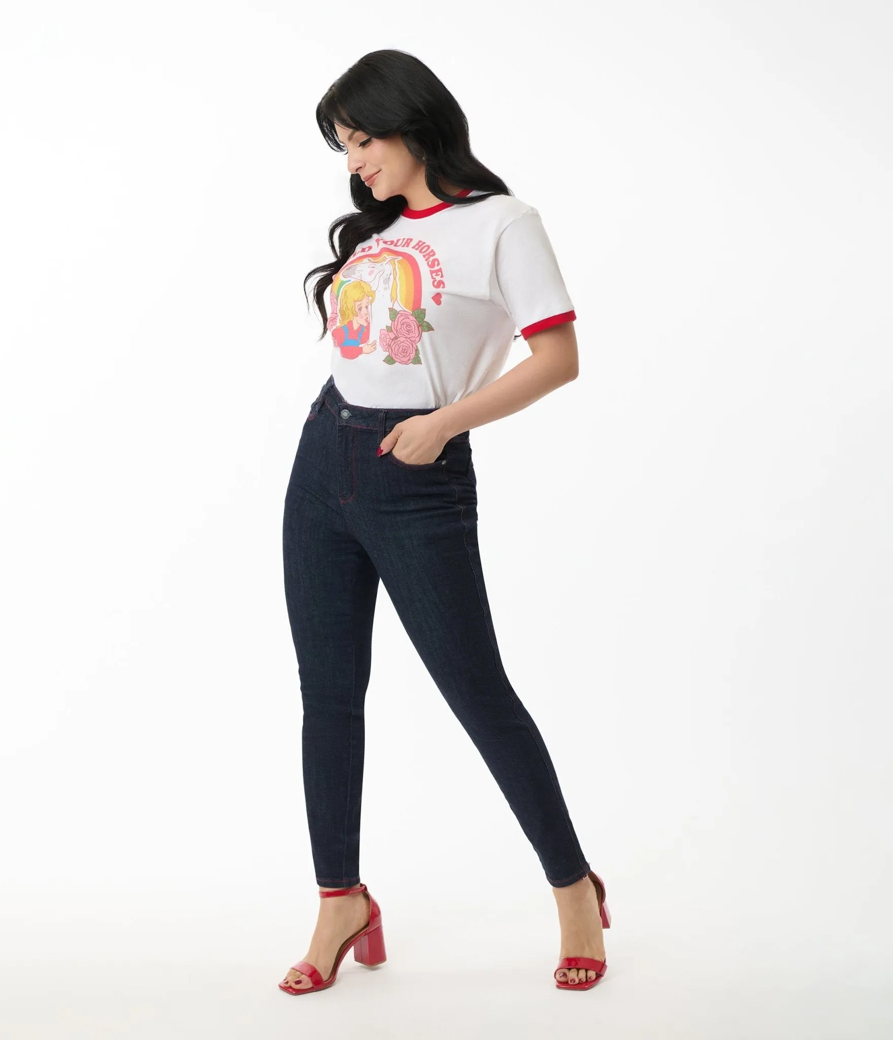 Blue Dark Wash Heart Pocket Skinny Jeans sold by Unique Vintage product image thumbnail 3