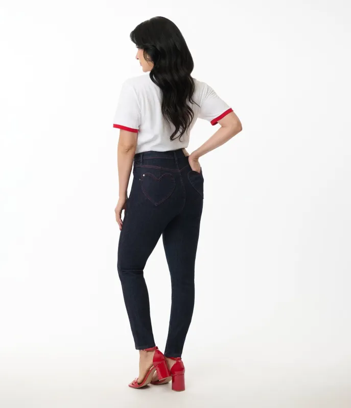 Blue Dark Wash Heart Pocket Skinny Jeans sold by Unique Vintage