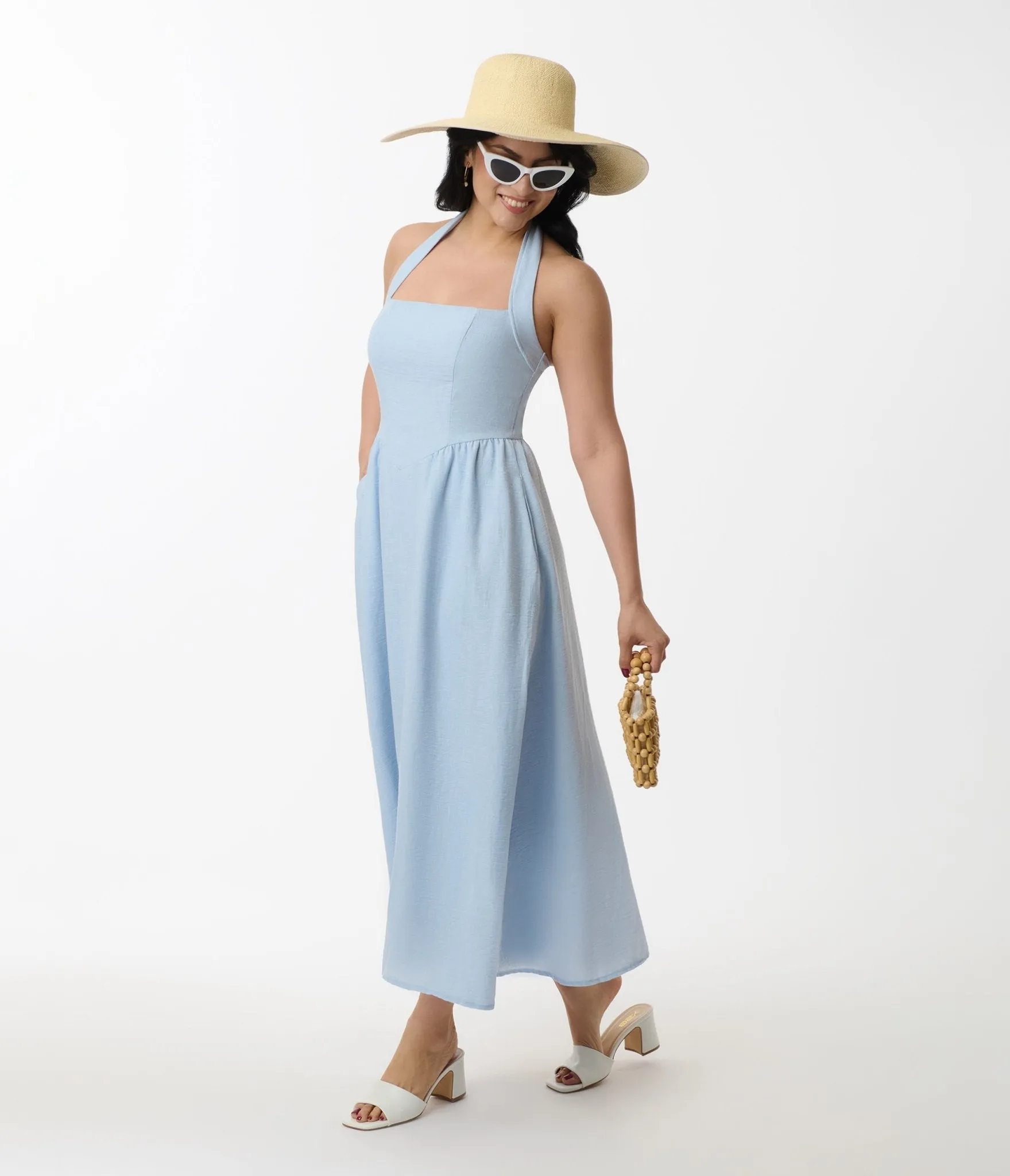 Light Blue Halter A-Line Midi Dress sold by Unique Vintage