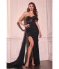 Ladivine by Cinderella Divine Black Applique Glitter Strapless Slit Prom Dress sold by Unique Vintage