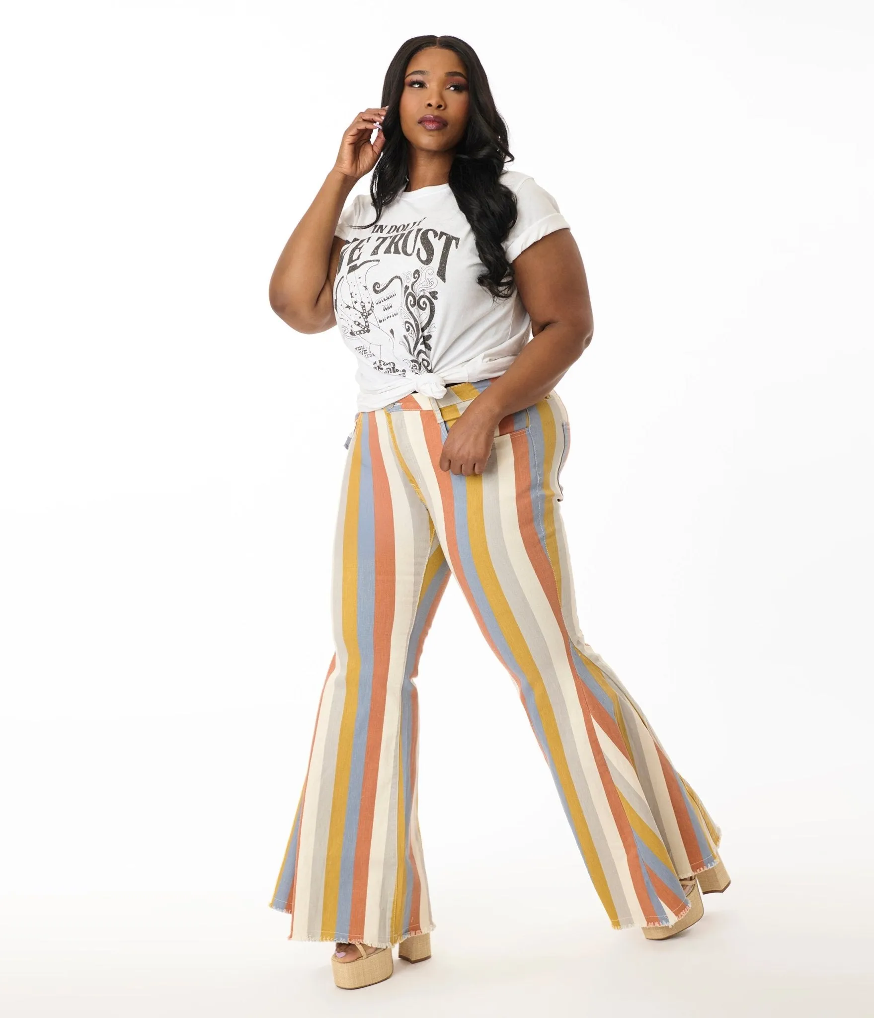 Plus Size Multicolor Striped Western Denim Bell Bottoms sold by Unique Vintage