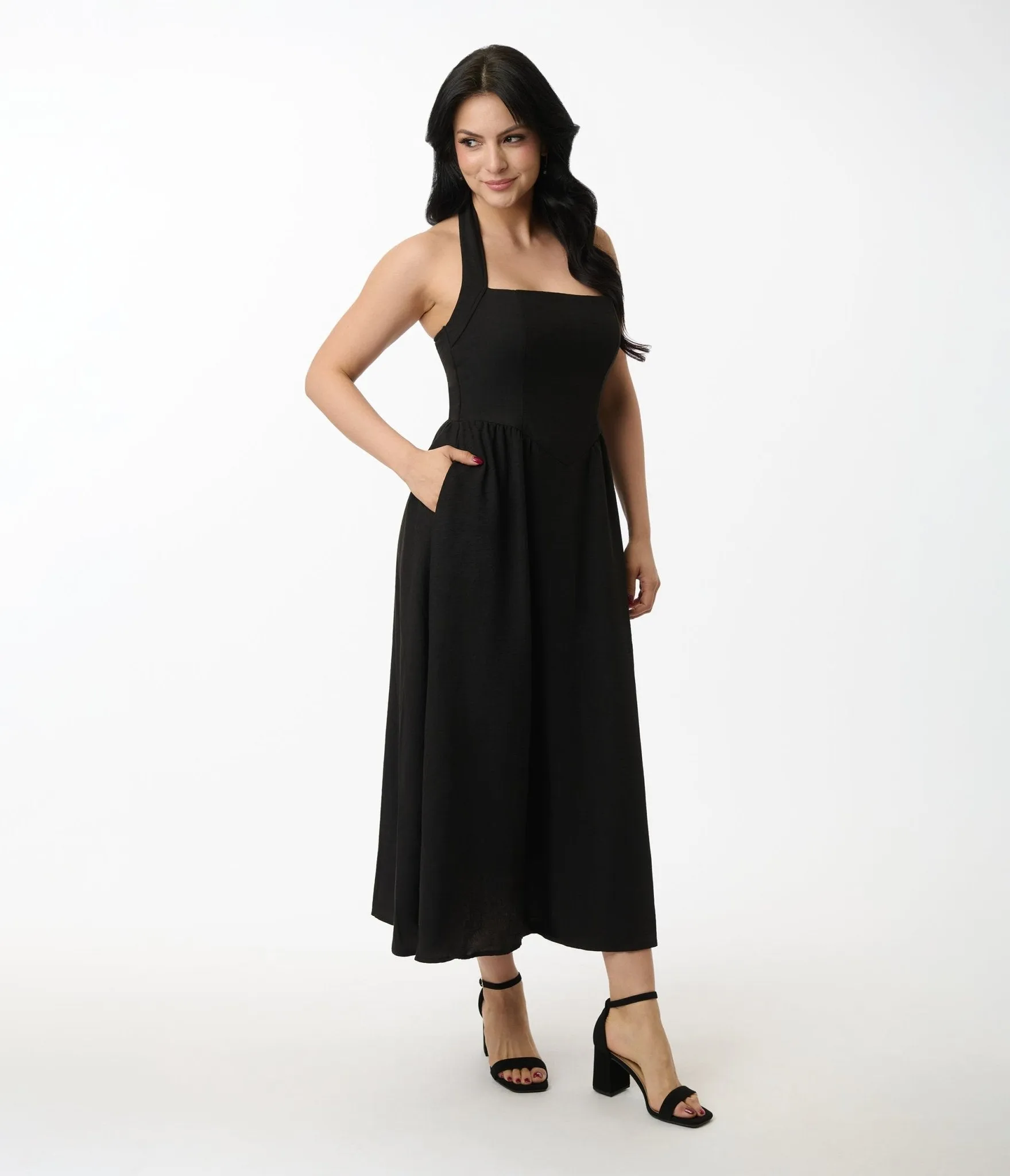 Solid Black Halter A-Line Midi Dress sold by Unique Vintage product image thumbnail 3