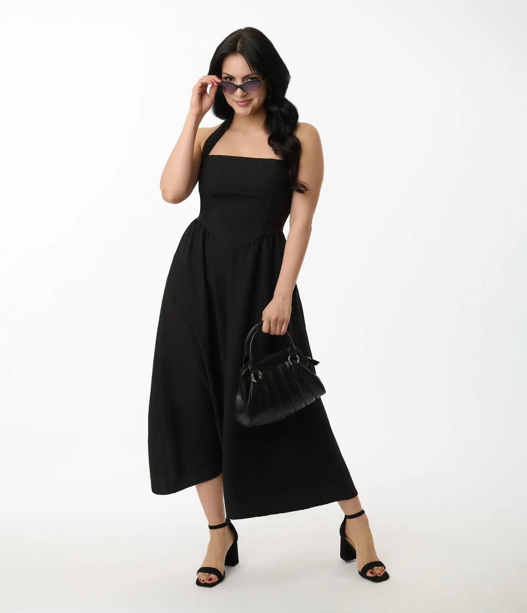 Solid Black Halter A-Line Midi Dress sold by Unique Vintage