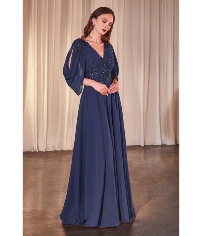 Ladivine by Cinderella Divine Mocha Pleated Cape Sleeve A-line Prom Dress sold by Unique Vintage