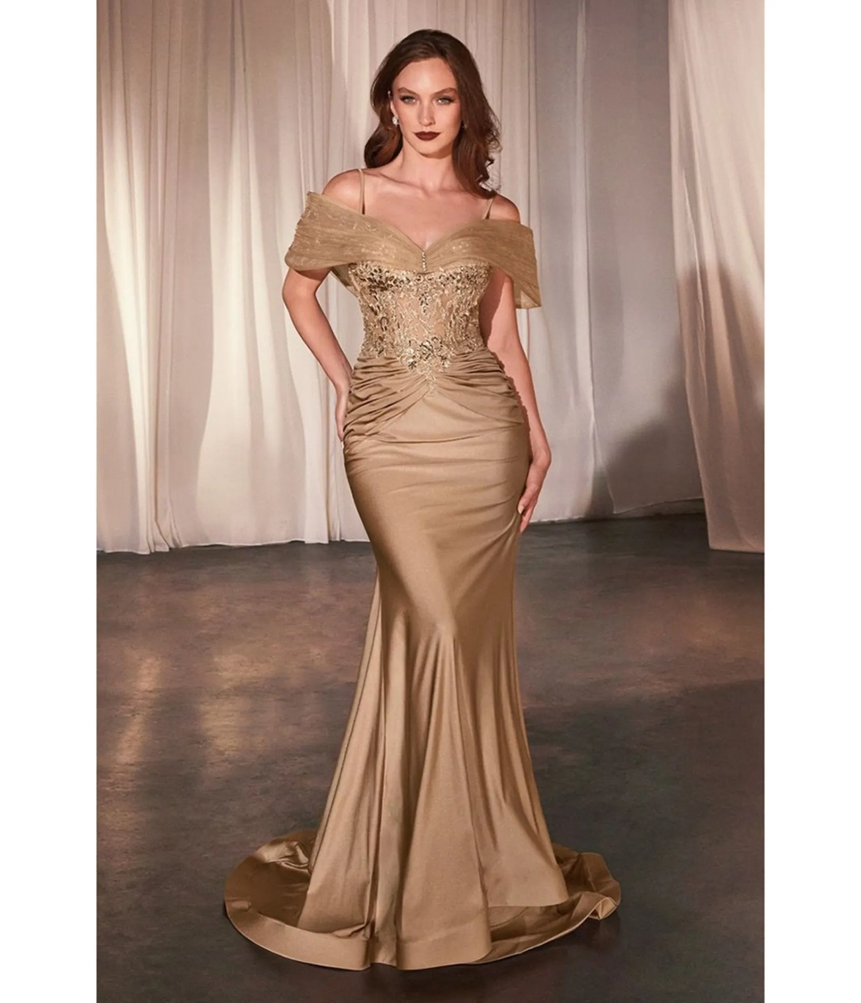 Ladivine by Cinderella Divine Gold Fitted Applique Satin Corset Prom Dress sold by Unique Vintage