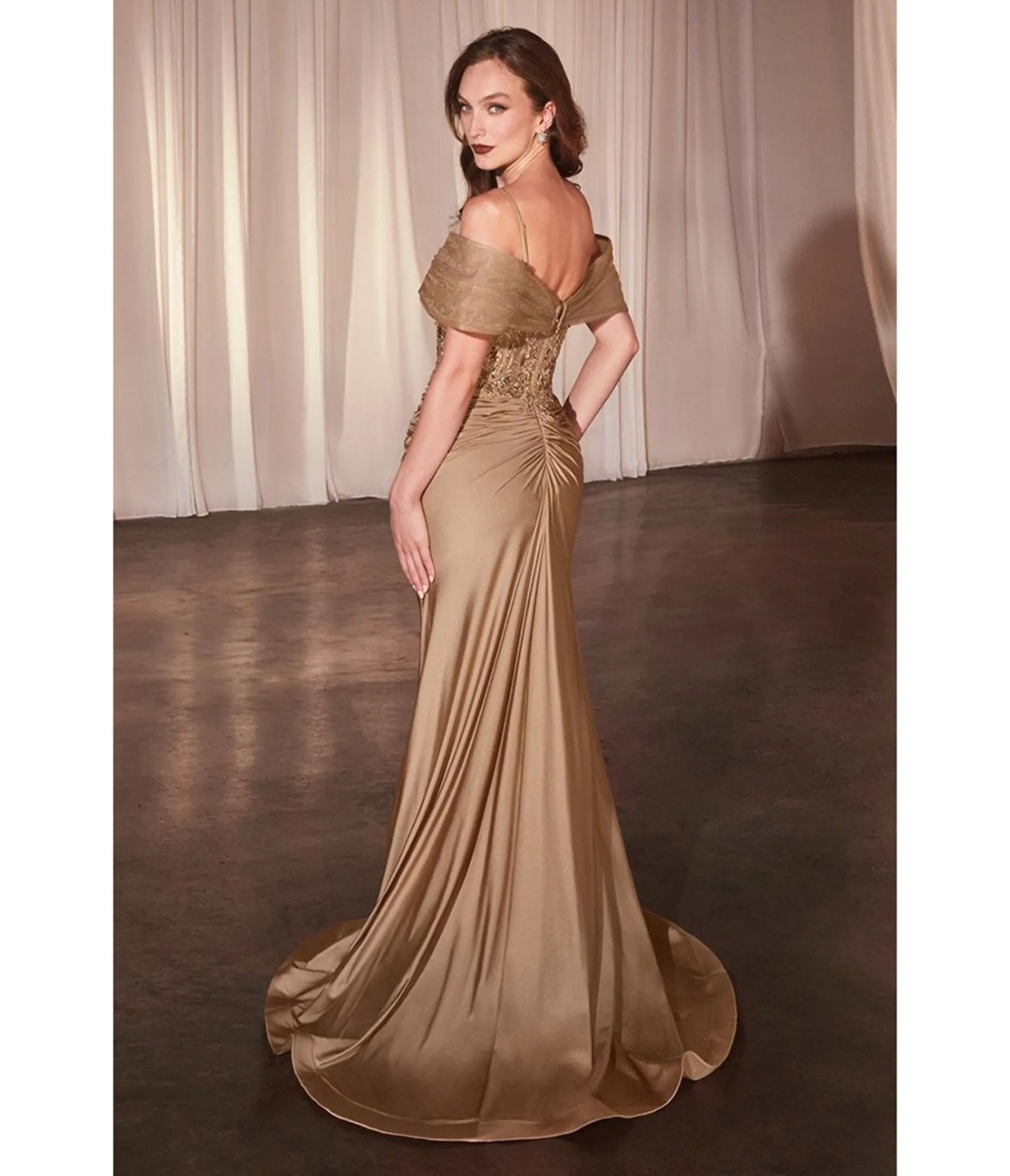 Ladivine by Cinderella Divine Gold Fitted Applique Satin Corset Prom Dress sold by Unique Vintage product image thumbnail 2