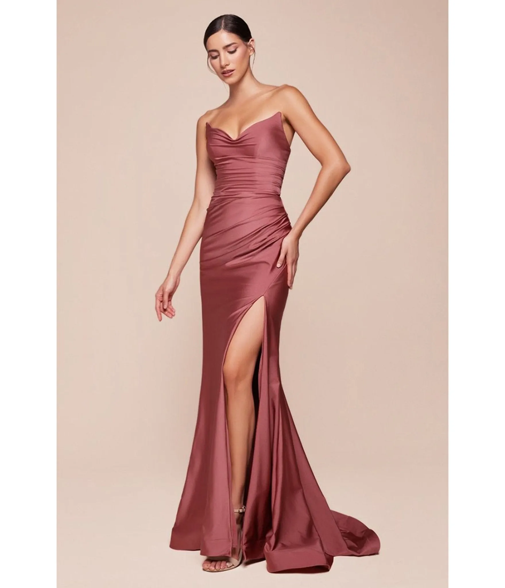 Ladivine by Cinderella Divine Sienna Rose Satin Fitted Strapless Slit Prom Dress sold by Unique Vintage
