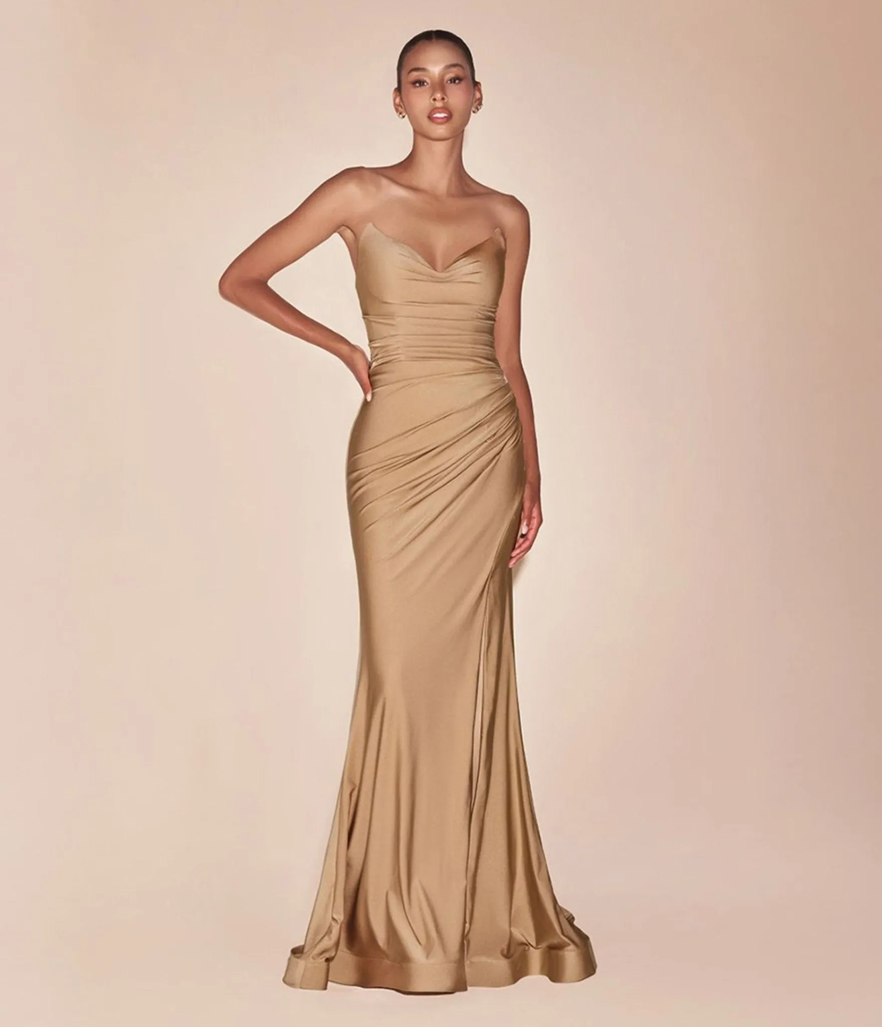 Ladivine by Cinderella Divine Nude Gold Satin Fitted Strapless Slit Prom Dress sold by Unique Vintage