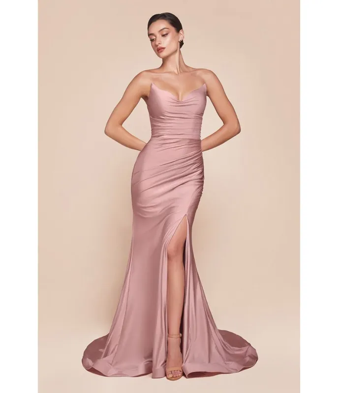 Ladivine by Cinderella Divine Dusty Rose Satin Fitted Strapless Slit Prom Dress sold by Unique Vintage