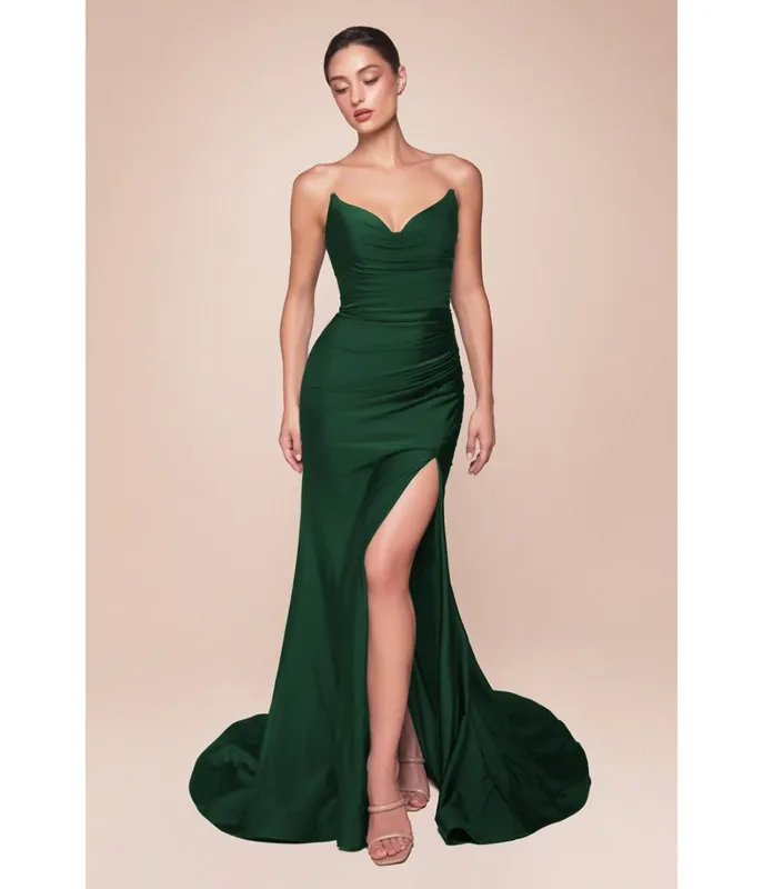 Ladivine by Cinderella Divine Hunter Green Satin Fitted Strapless Slit Prom Dress sold by Unique Vintage