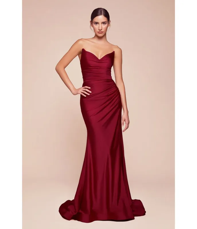 Ladivine by Cinderella Divine Burgundy Satin Fitted Strapless Slit Prom Dress sold by Unique Vintage