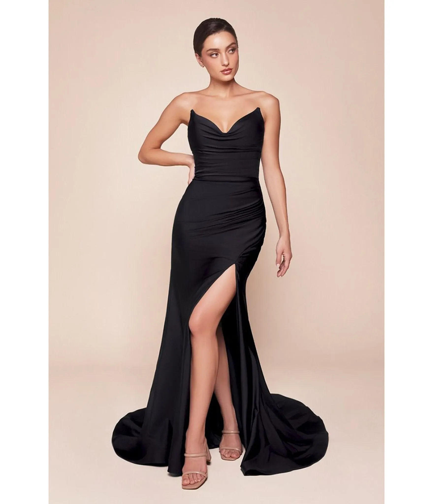 Ladivine by Cinderella Divine Black Satin Fitted Strapless Slit Prom Dress sold by Unique Vintage