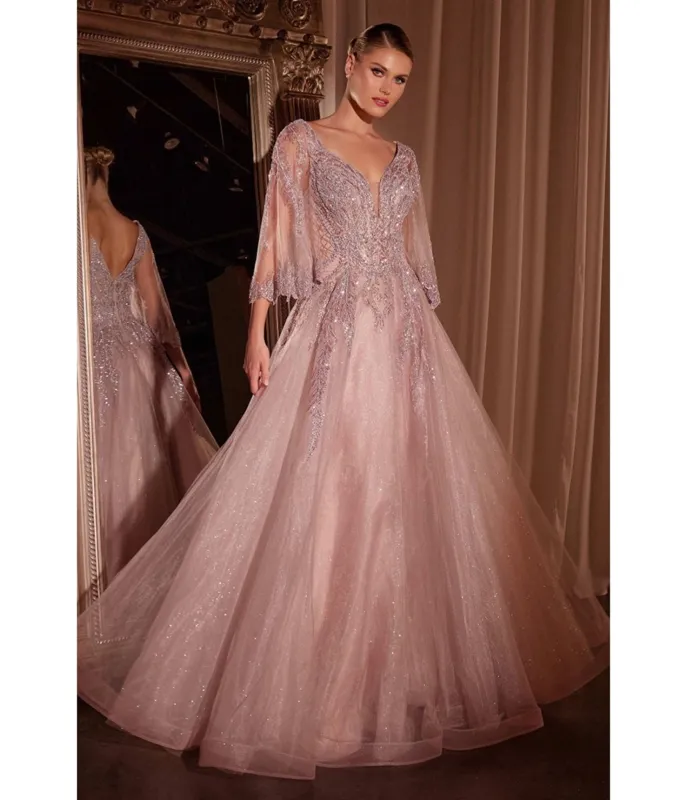 Ladivine By Cinderella Divine Mauve Applique Bell Sleeve A-line Prom Dress sold by Unique Vintage