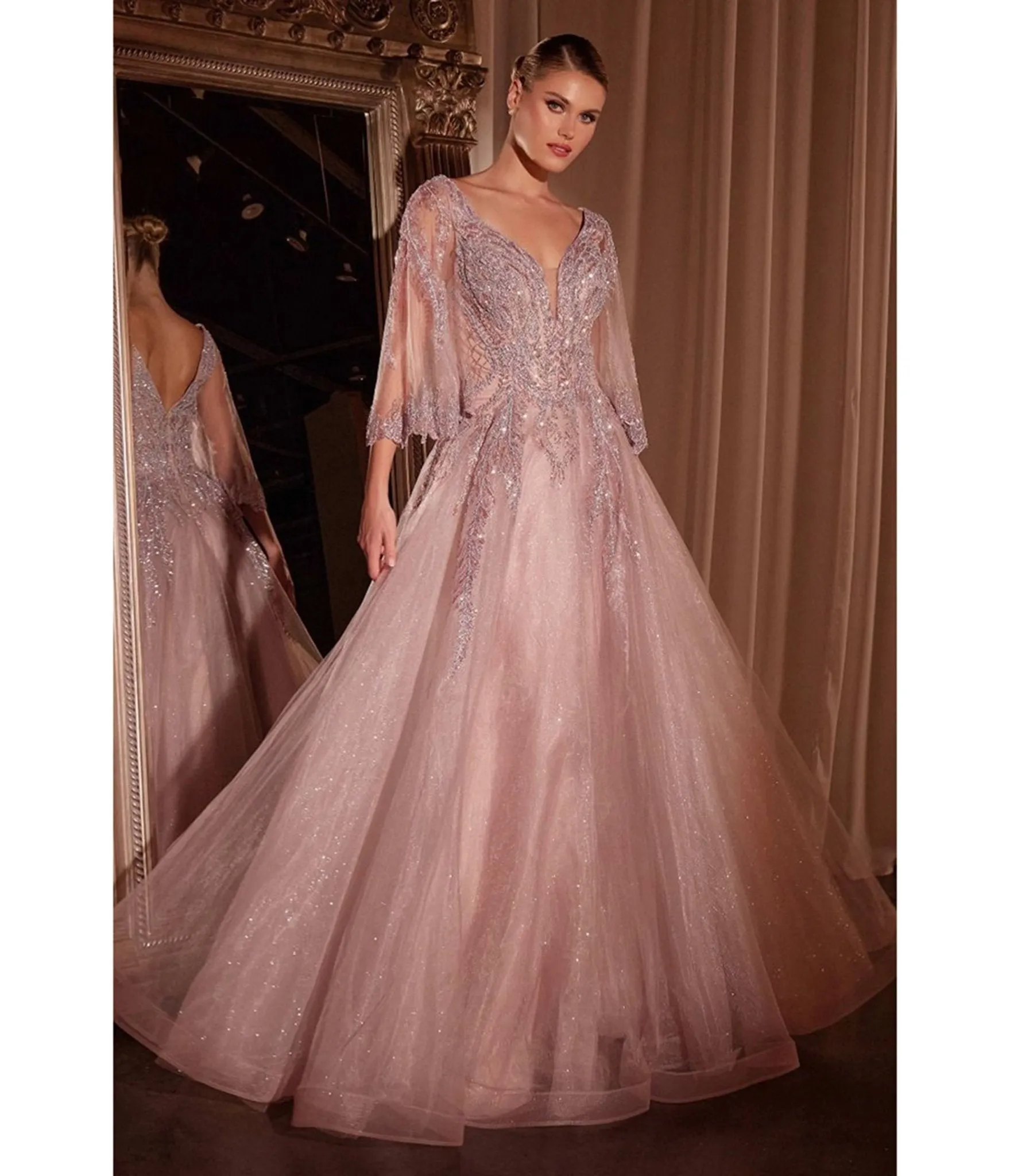Ladivine By Cinderella Divine Mauve Applique Bell Sleeve A-line Prom Dress sold by Unique Vintage