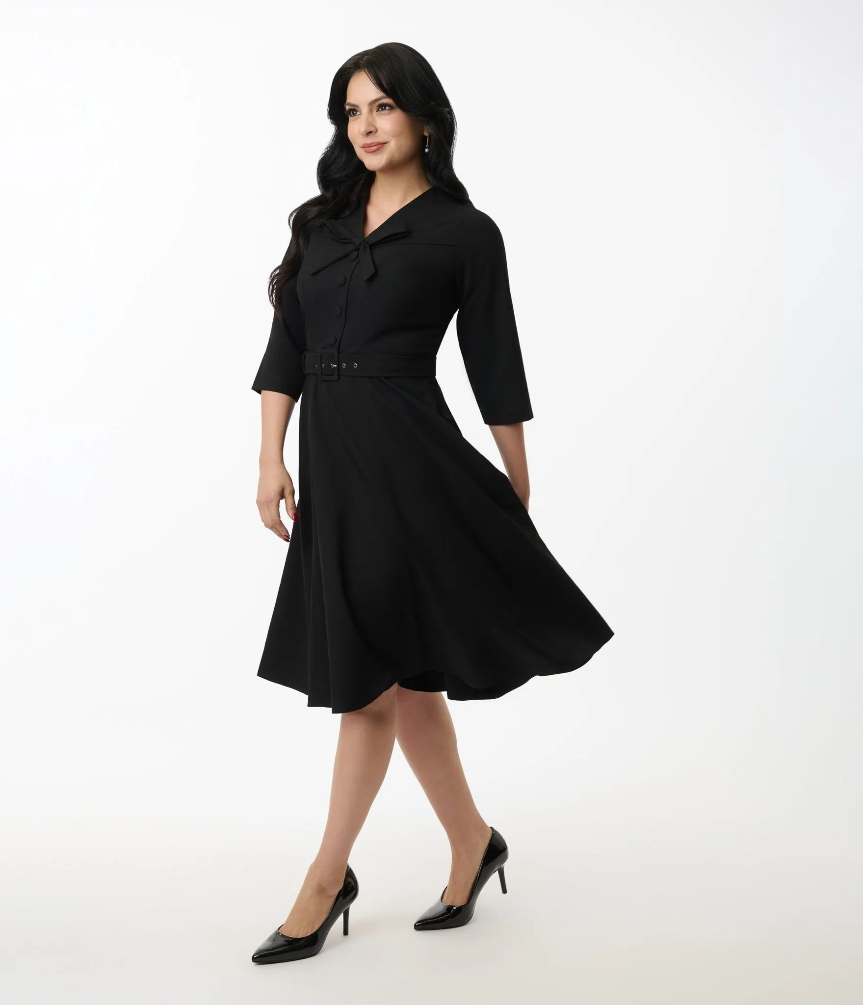 Heart My Closet 1950s Black Belted Willow Swing Dress sold by Unique Vintage