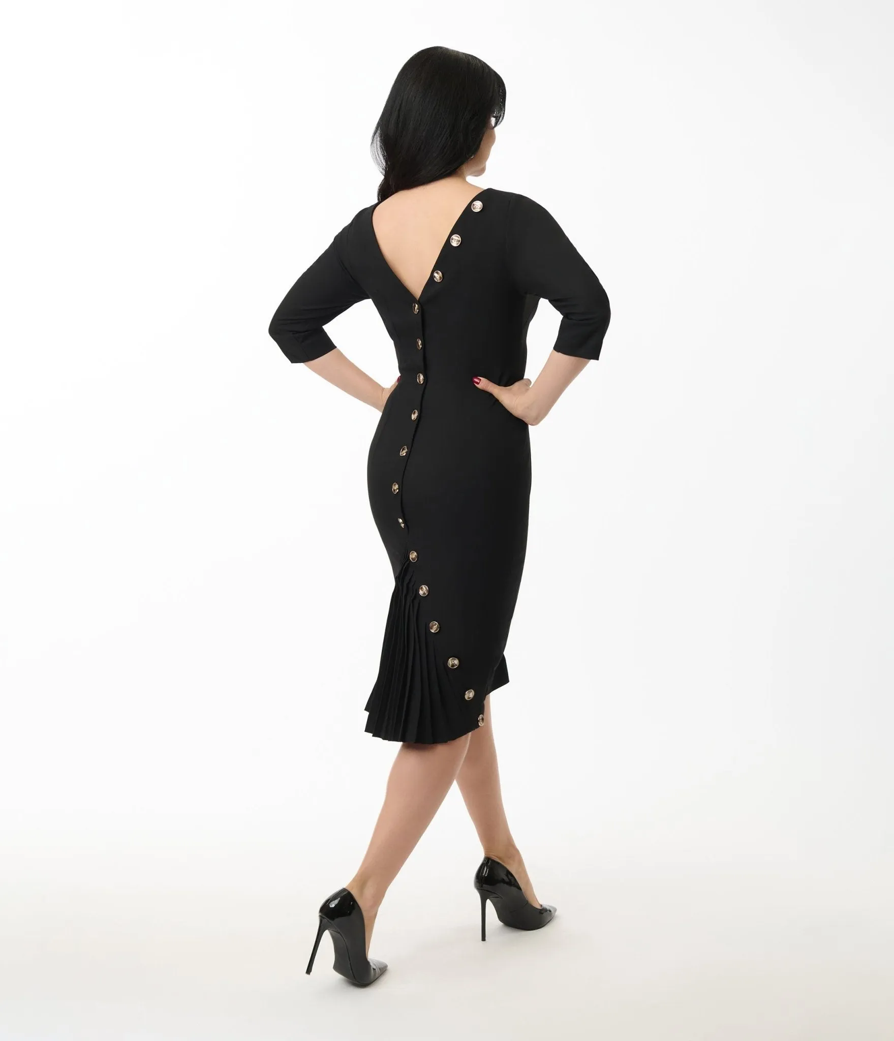 Heart My Closet Black Pleated Back Deborah Pencil Dress sold by Unique Vintage
