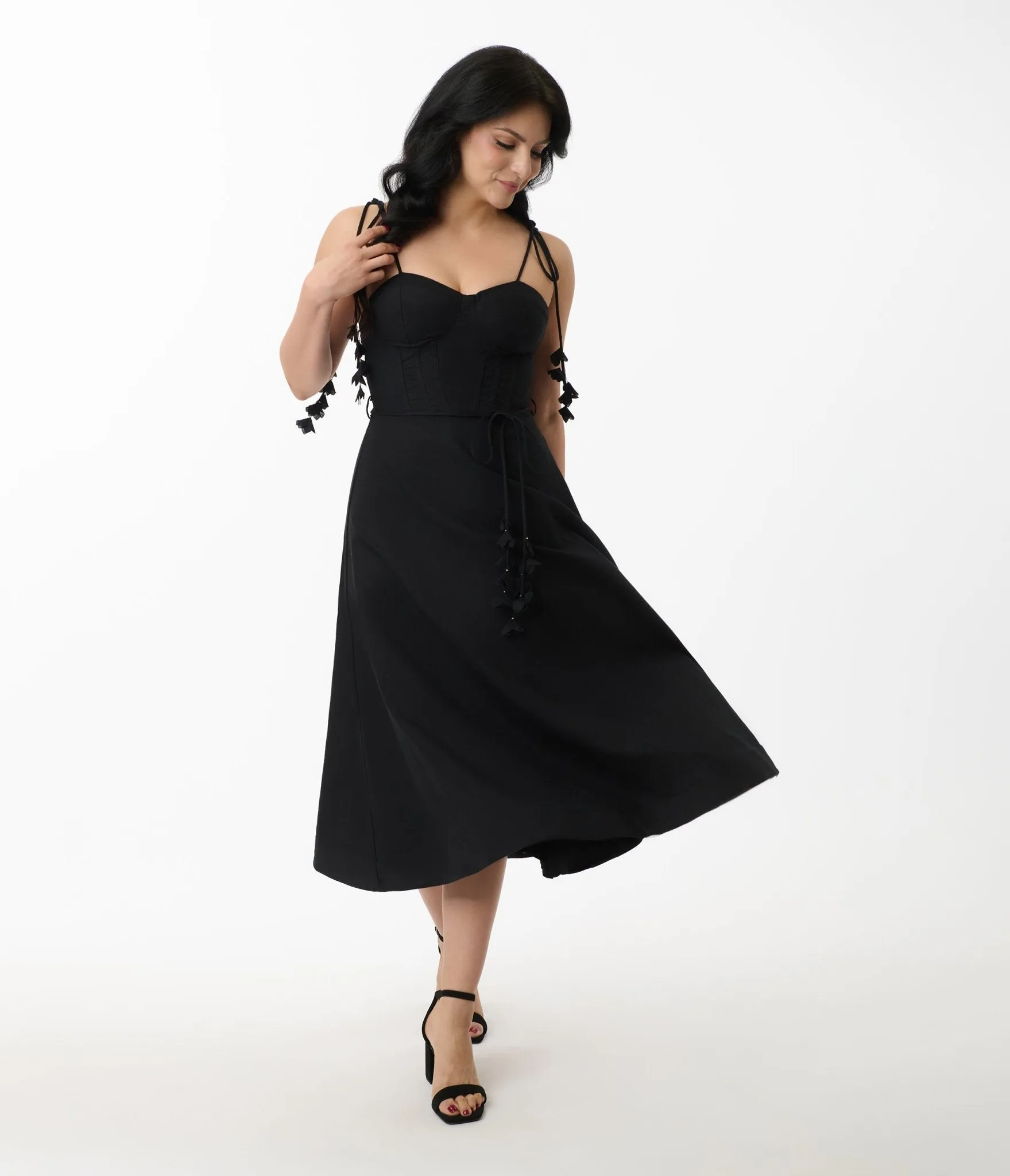Black Bustier Shoulder Tie Midi Dress sold by Unique Vintage
