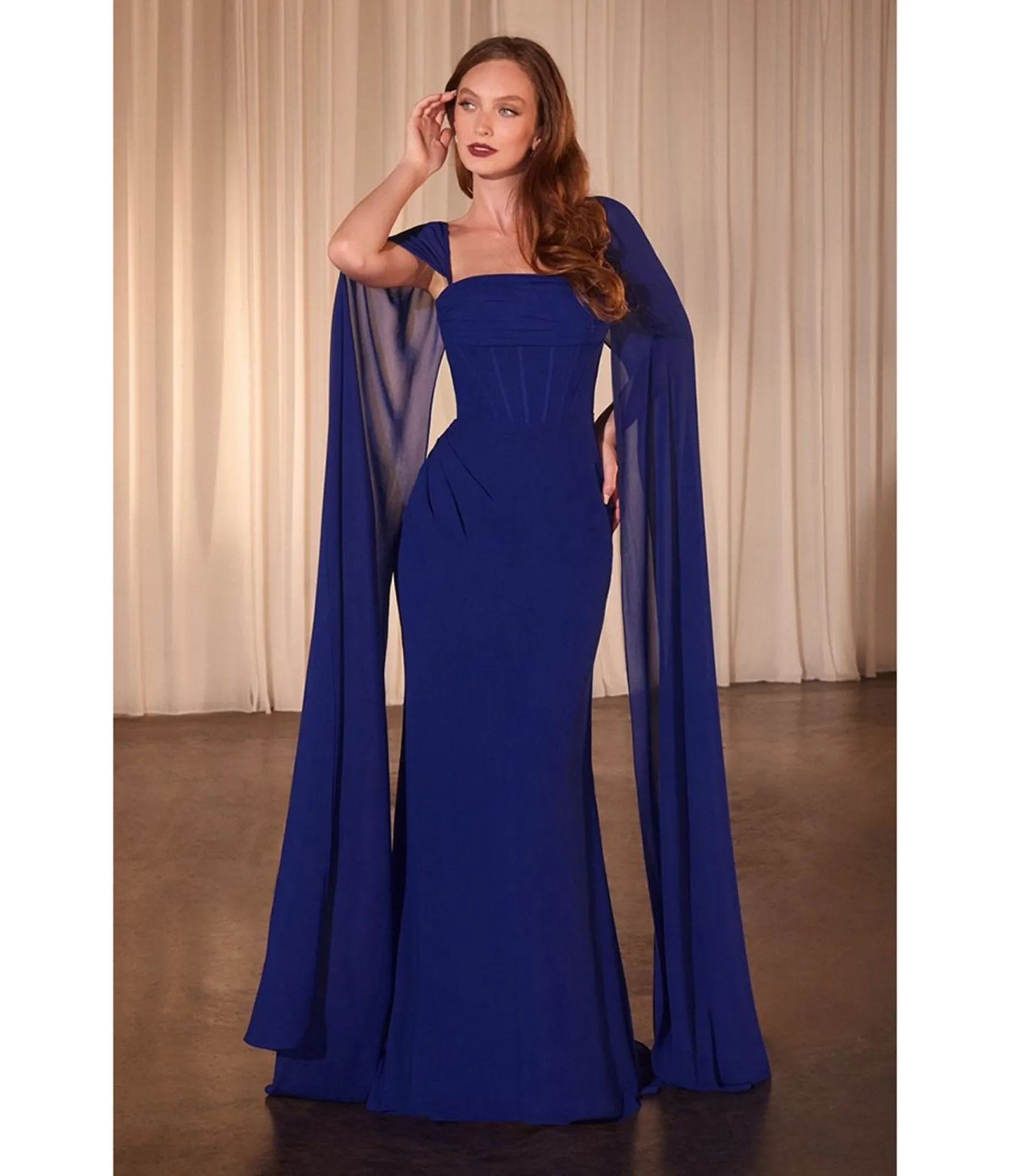 Ladivine By Cinderella Divine Chiffon Royal Blue Fitted Cape Sleeve Prom Dress sold by Unique Vintage