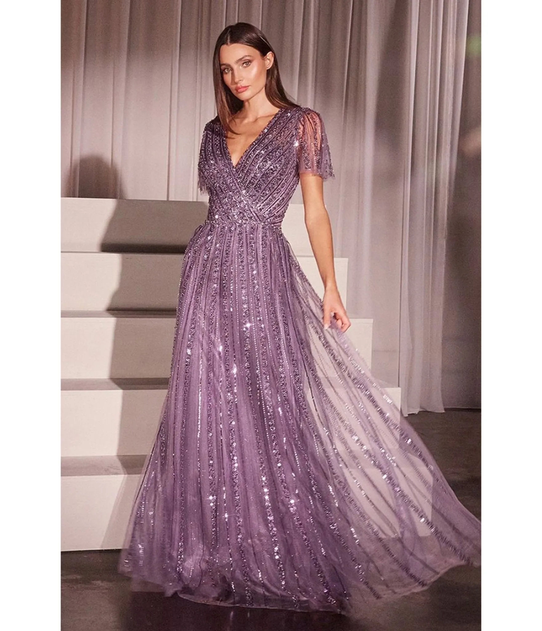 Ladivine By Cinderella Divine Beaded Short Sleeve English Violet A-line Prom Dress sold by Unique Vintage