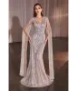 Ladivine by Cinderella Divine Silver Nude Beaded Cape Sleeve Slit Prom Dress sold by Unique Vintage