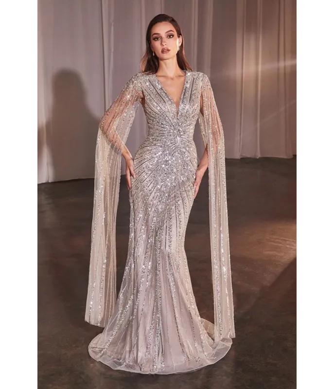 Ladivine by Cinderella Divine Silver Nude Beaded Cape Sleeve Slit Prom Dress sold by Unique Vintage