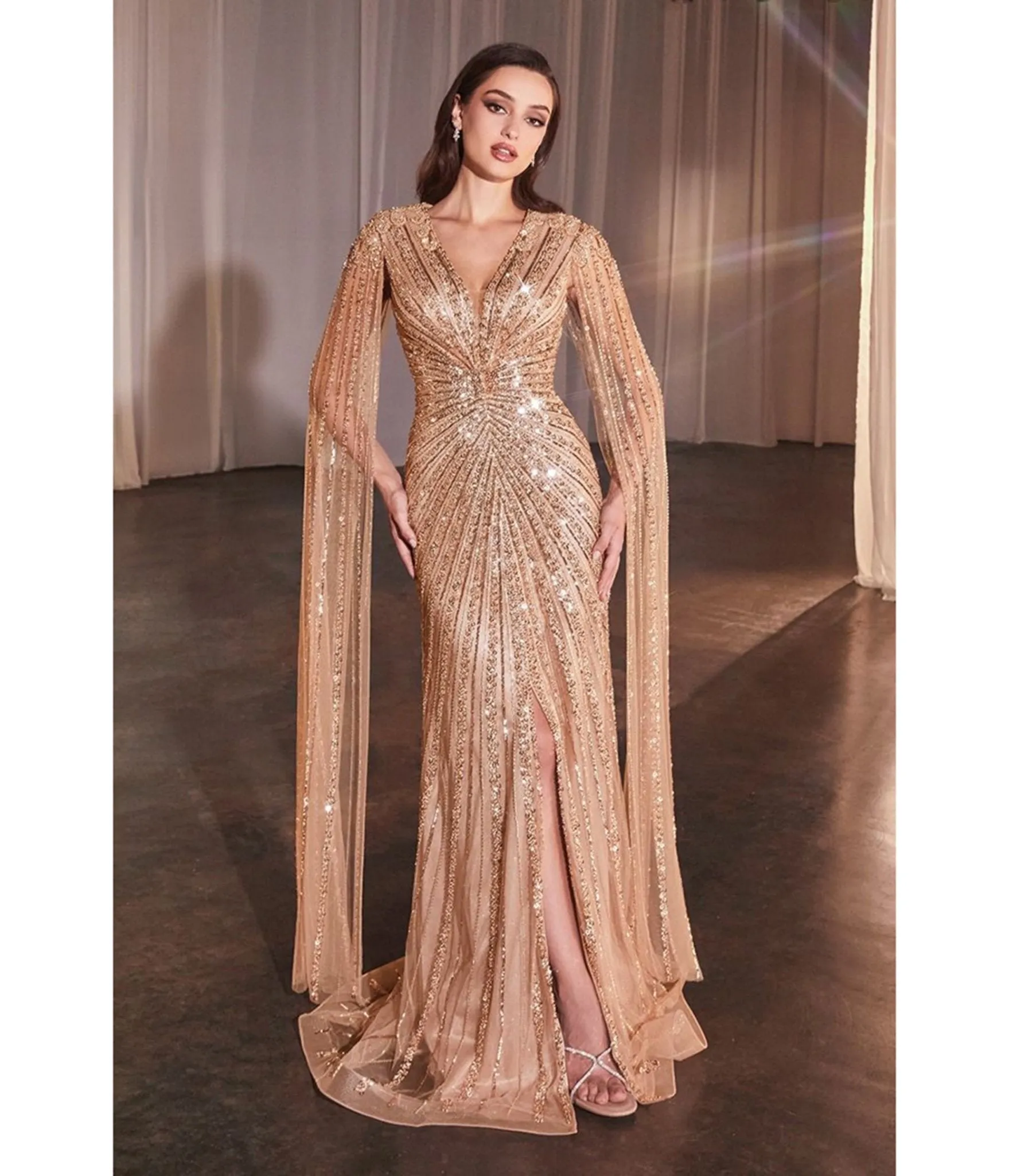 Ladivine by Cinderella Divine Mocha Gold Beaded Cape Sleeve Slit Prom Dress sold by Unique Vintage