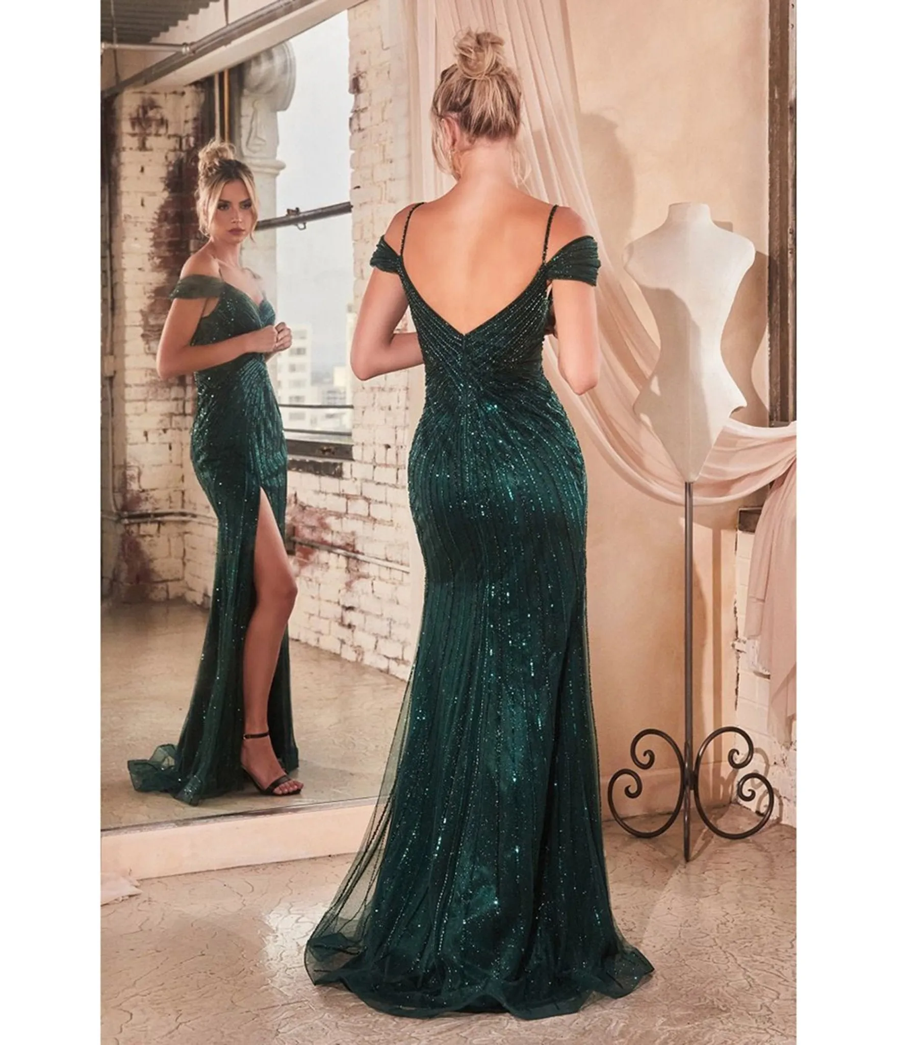 Ladivine by Cinderella Divine Emerald Linear Sequin Off Shoulder Slit Prom Dress sold by Unique Vintage product image thumbnail 2