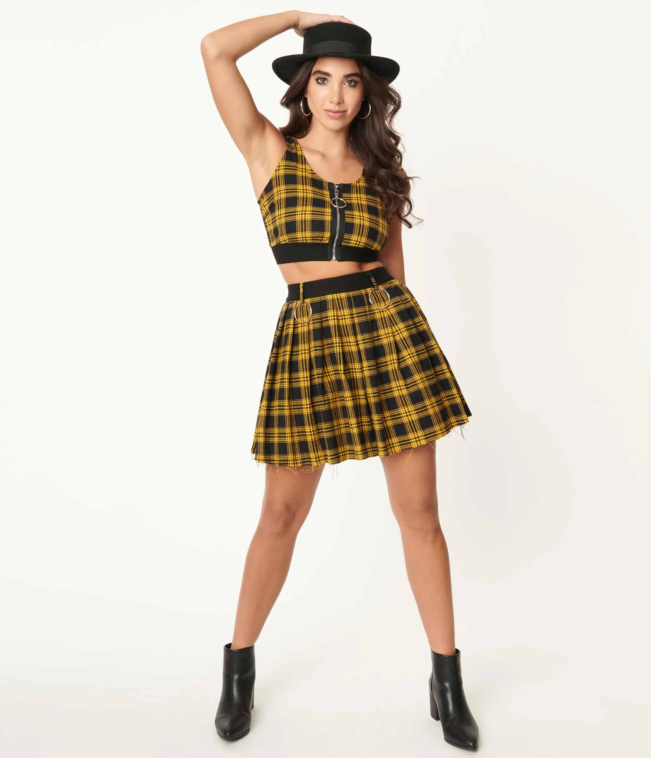 Yellow & Black Plaid Pleated Mini Skirt sold by Unique Vintage