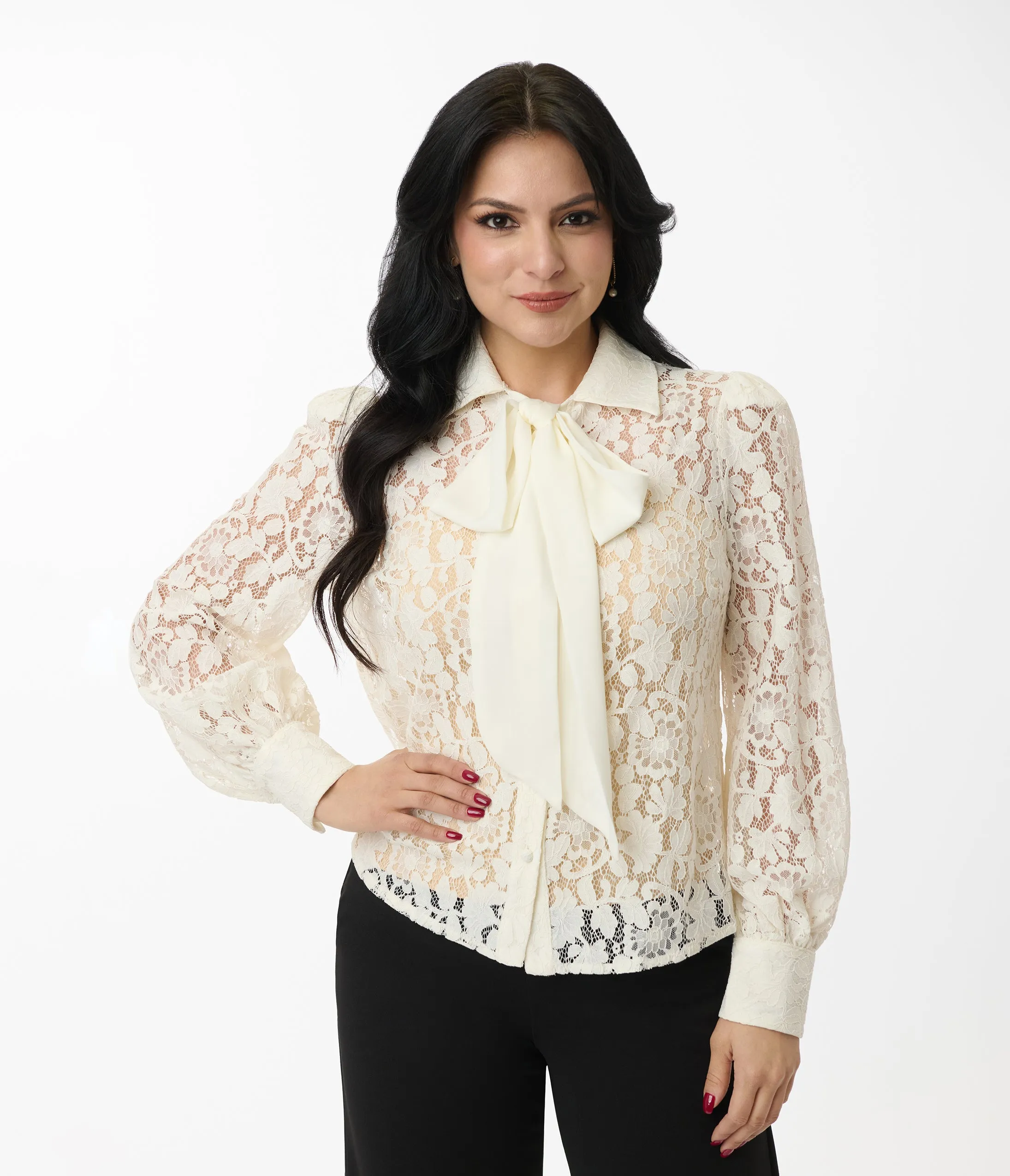 Cream Floral Lace Necktie Blouse sold by Unique Vintage product image thumbnail 4