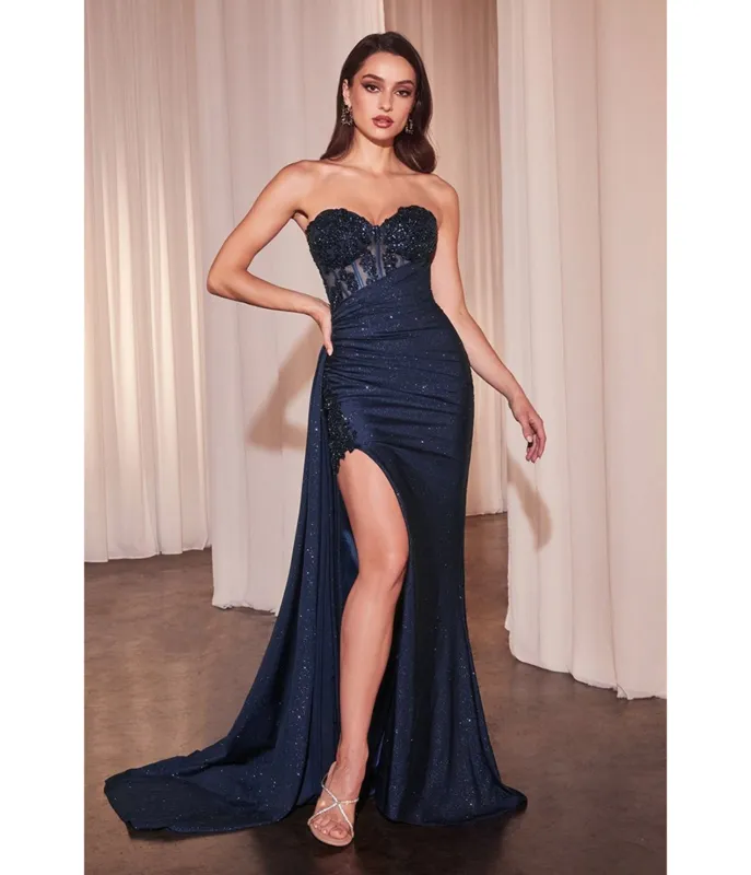 Ladivine by Cinderella Divine Navy Applique Glitter Strapless Slit Prom Dress sold by Unique Vintage