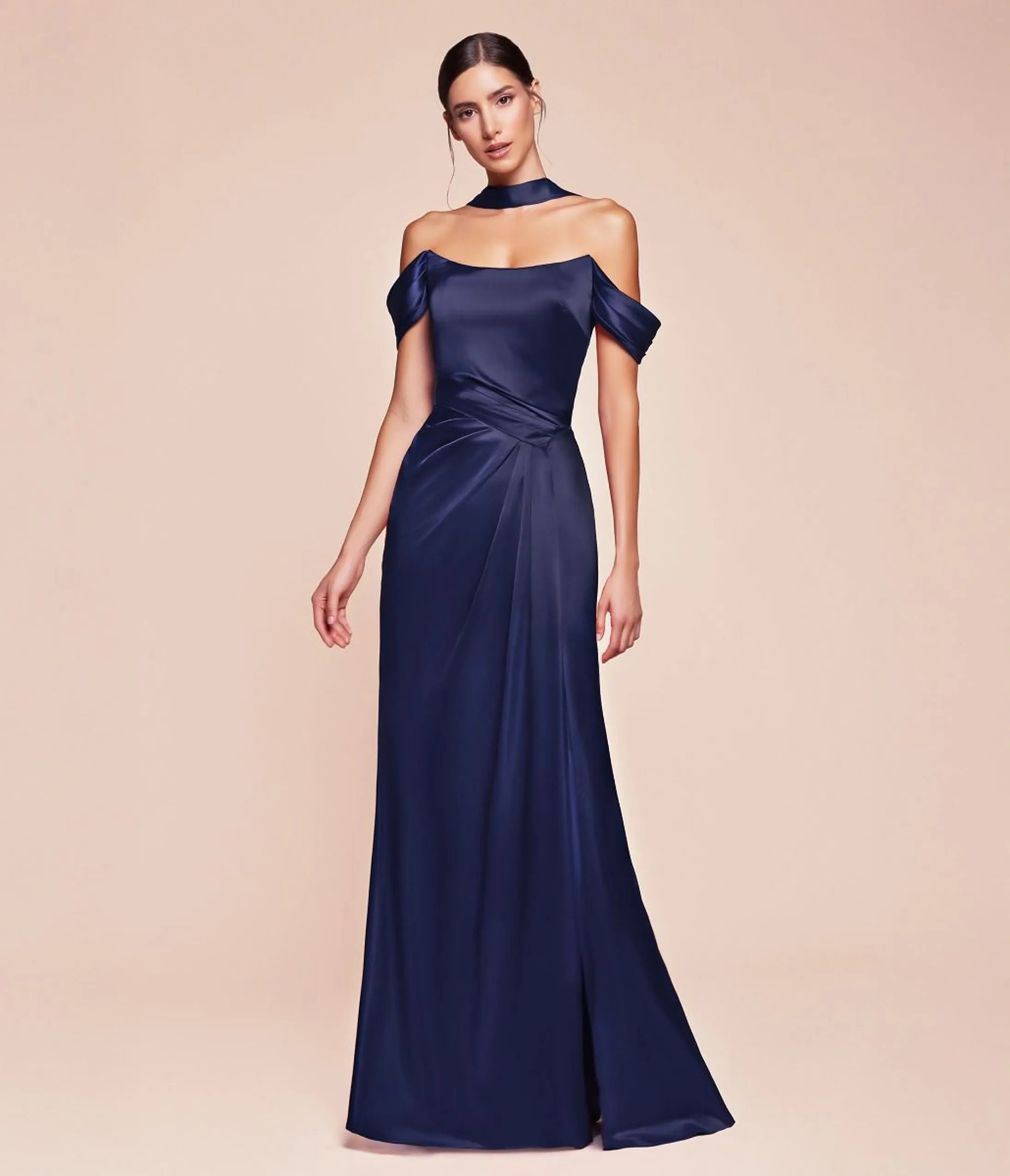 Ladivine by Cinderella Divine Navy Off The Shoulder Lace Up Corset Satin Gown sold by Unique Vintage