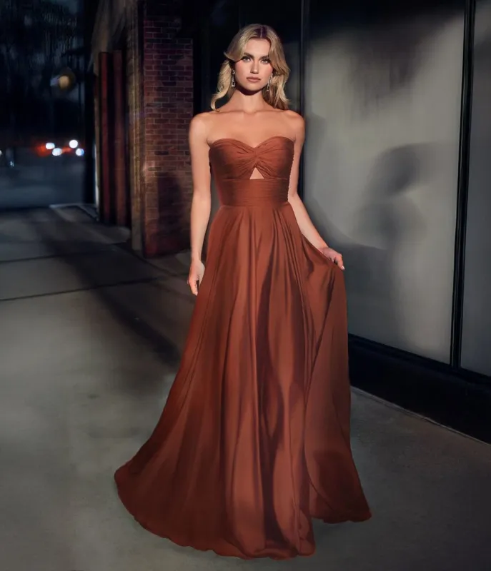 Ladivine by Cinderella Divine Sienna Long Satin Strapless Keyhole Prom Dress sold by Unique Vintage