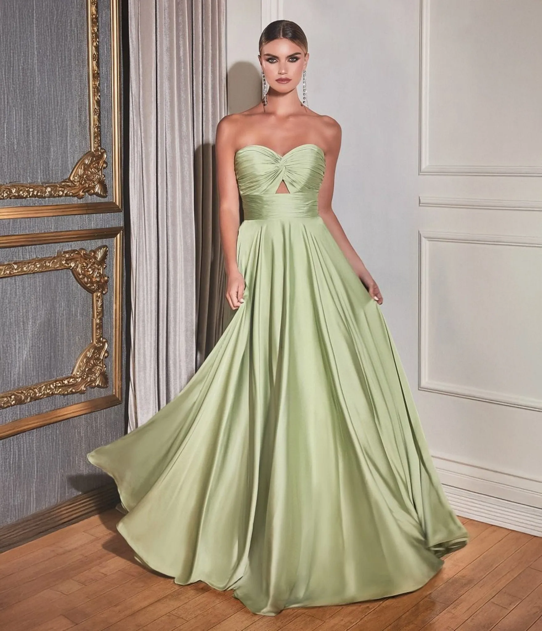 Ladivine by Cinderella Divine Sage Long Satin Strapless Keyhole Prom Dress sold by Unique Vintage