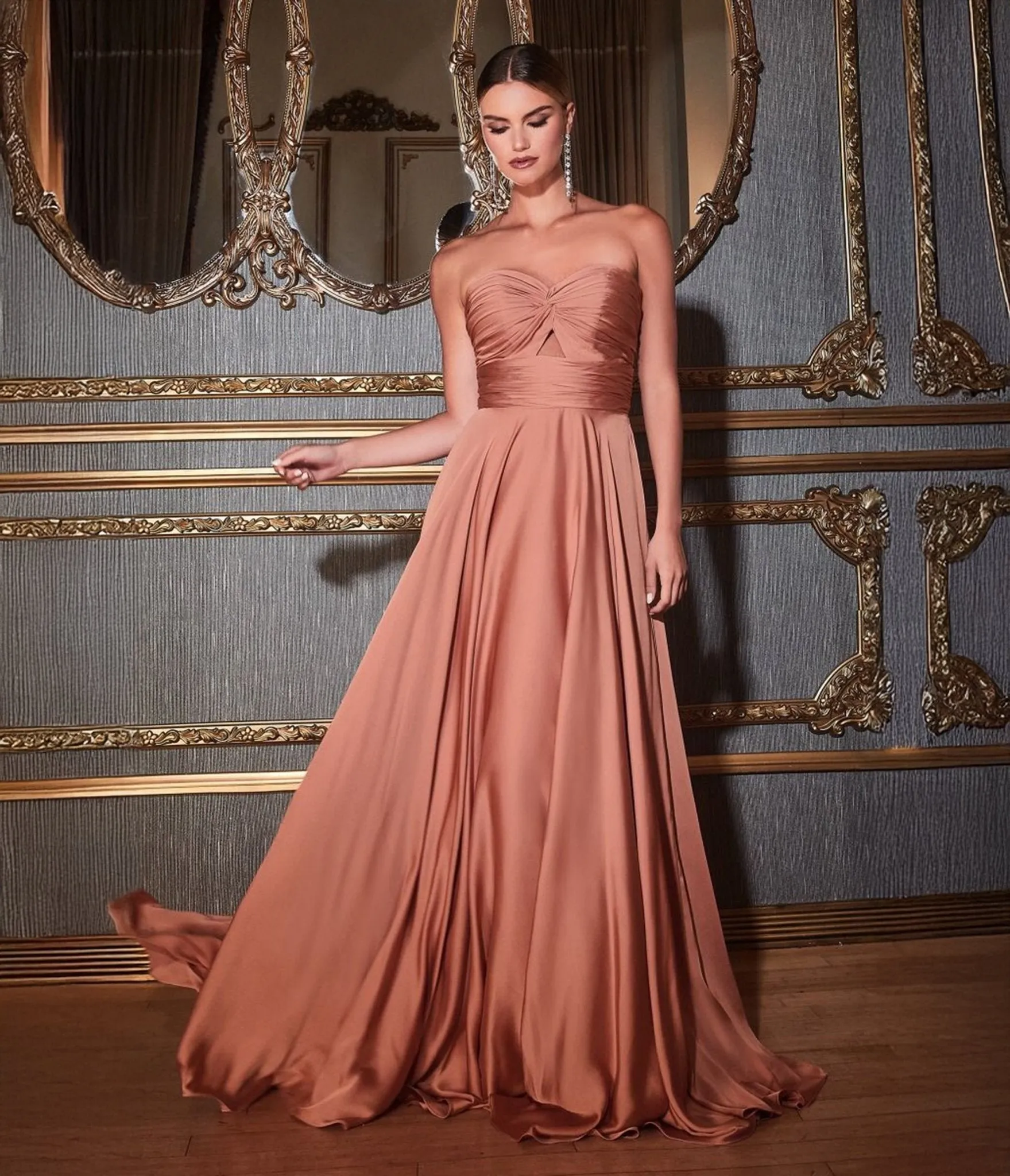 Ladivine by Cinderella Divine Rose Gold Long Satin Strapless Keyhole Prom Dress sold by Unique Vintage
